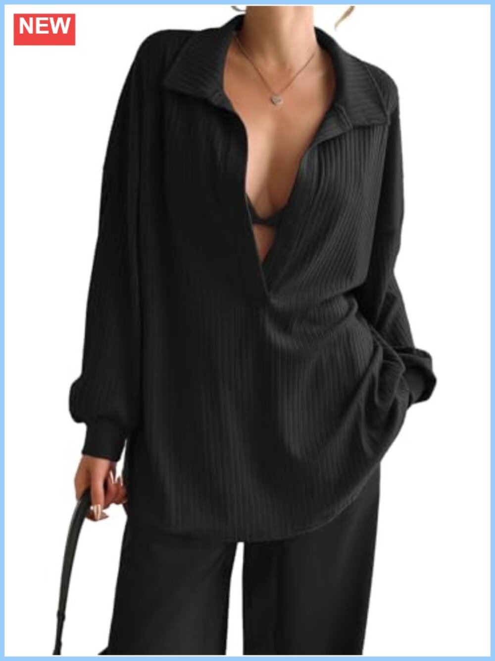 Women's Oversized Deep V Neck Sweatshirt Long Sleeve Ribbed Pullover Top